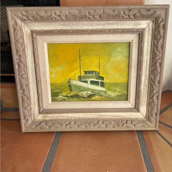 Other - Original fishing boat painting with hand carved wood frame.